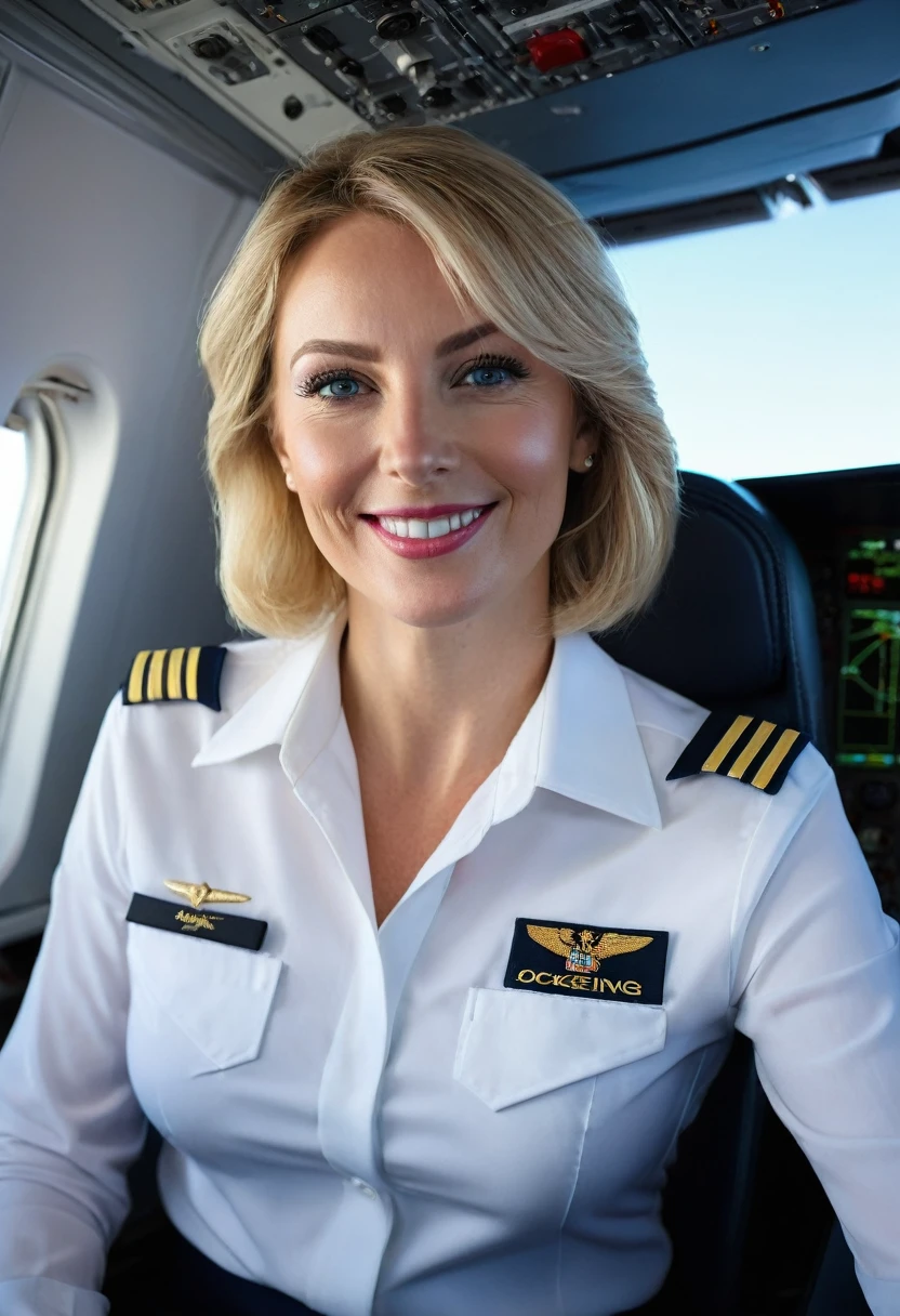 8K quality, ultra-high definition, realistic, inside the cockpit of a Boeing 787 during flight, female pilot, blonde mature woman, blonde medium bob with volume set on the sides, sharp jawline, intelligent and gorgeous impression, she is the captain of a Boeing 787, wearing the white uniform of an airline pilot captain, sitting in the pilot's seat and looking towards us, beautiful blue eyes, long eyelashes and intelligent eyes, she is slim and tall, smiling at the camera, the background is inside the cockpit, the blue sky during the flight can be seen from the window, a clear sky, the shadows are dark, the light shines in from the side.