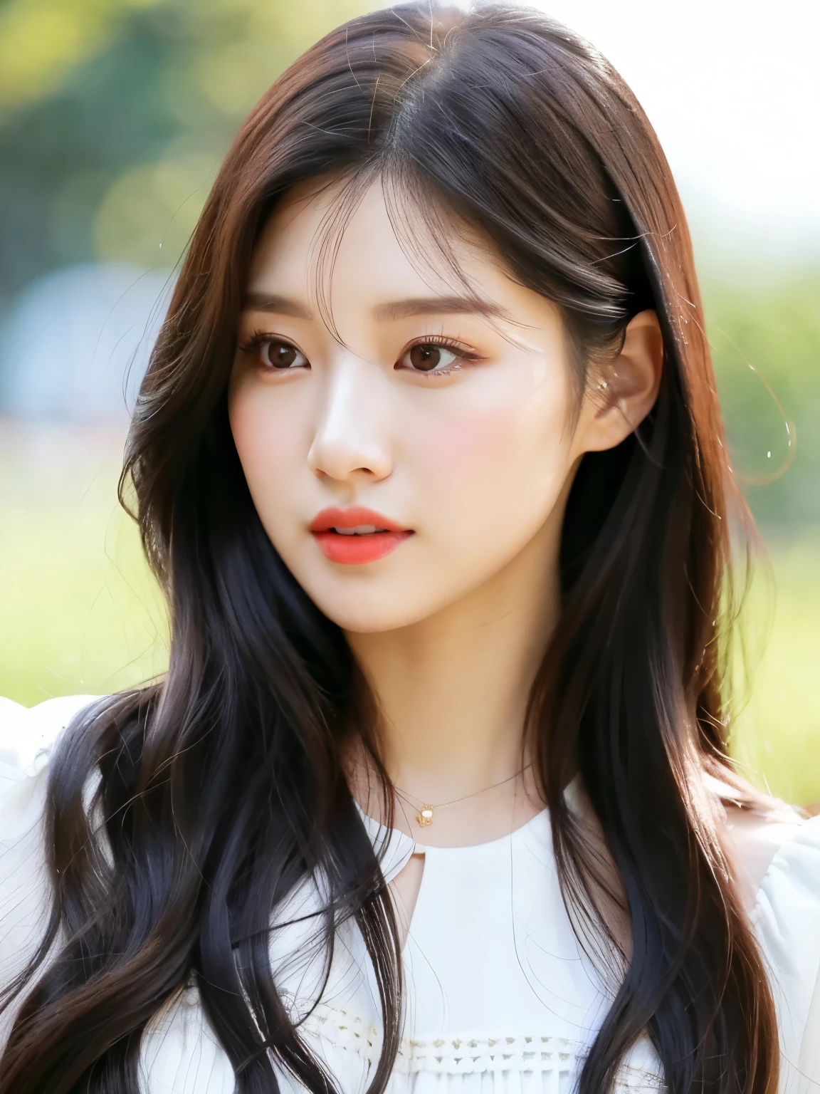 a close up of a woman with long hair and a white dress, popular south korean makeup, kim doyoung, jaeyeon nam, popular korean makeup, lee ji-eun, lee ji - eun, blackpink jennie, heonhwa choe, beautiful south korean woman, park ji-min, jinyoung shin, hwang se - on, gongbi