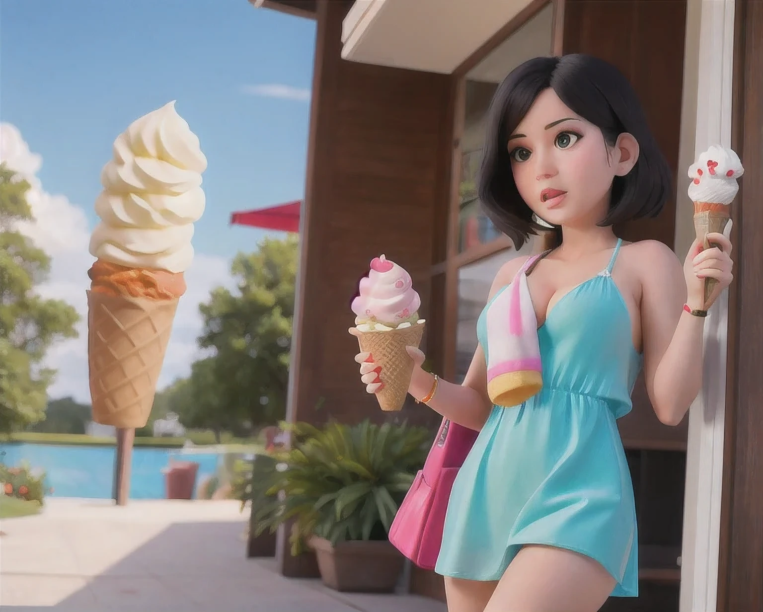 girl in a bikini eating an ice cream cone, eating ice cream, in a bikini, angela white, giorgia meloni, katy perry, in bikini, eating ice - cream, wearing spandex bikini, ice cream on the side, bikini, ice cream, wearing a bikini, candid photo of dirty, shiny plastic bikini, candid shot, cone, 1 girl, solo,in a green dress standing by a wall,portrait of female idol