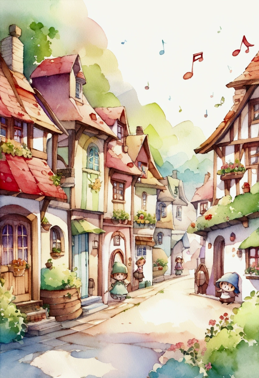 A cute town where hobbits might live, with lots of floating musical notes。The Dancing Hobbits。Fantasy。Colorful and cute colors。Watercolor。