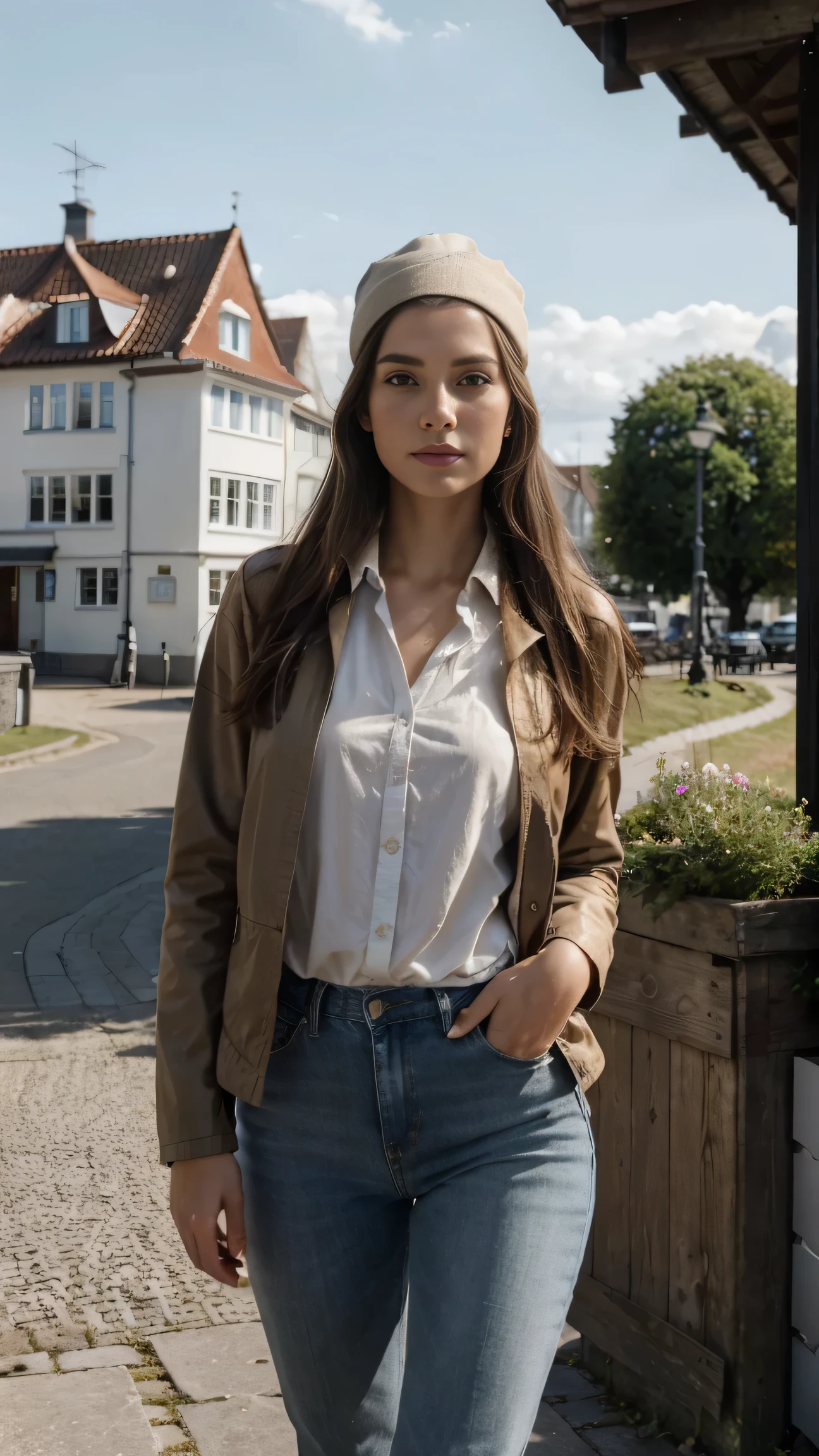 (Masterpiece:1.3), high definition, ultra-detailed, ultra-detailed CG Unity 8k wallpaper, realistic, photorealistic, RAW photo, beautiful detailed face, pale skin, realistic glittering skin, detailed fabric texture, detailed hair texture, perfect body, beautiful face, accurate, anatomically correct, In this picturesque rural scene in Denmark, a 29-year-old model exudes confidence and elegance as she stands in front of a port in Denmark ((Copenhaagen))  Is. With an elegant cap on her head, her long, straight hair falls over her shoulders, highlighting her natural beauty. She stands in front of a harbour with crooked slopes in Denmark ((Copenhagen)), takes a selfie and captures the tranquility of the surroundings with her symmetrical face and hypnotic grey eyes. The model's light brown skin shines in the warm sun, while her statuesque figure blends harmoniously into the surrounding nature, Dressed in a spring outfit, Spring brown Jacket, Spring Jeans, Thin scarf, her unique and refined style adds a touch of class to the rural environment of Denmark (Copenhagen). The ultra-realistic quality of the image, shot in 8k HD, highlights every detail of the rural setting and highlights the model's ability to impress with her charisma and style.