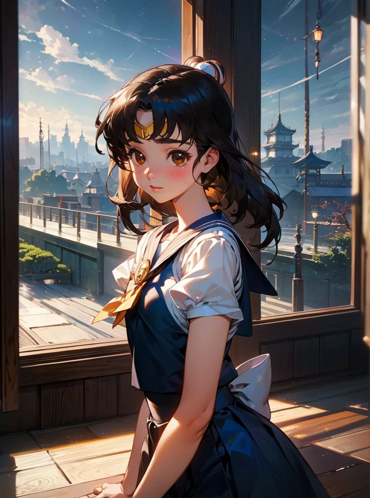 best quality, face focus, soft light, ultra high res, (photorealistic:1.4), RAW photo, 1japanese girl, solo, cute, (shy smile:0.5), (brown eyes, lights in the eyes), detailed beautiful face, (small chest),(high resolution detail of human skin texture), (short bob hair), BREAK, in classroom,navy school uniform, Vest, skirt long hair, Very long hair, 、Sailor Moon、Frills、race、ribbon、cute、Beauty、South Korea、Sparkle Effect, Castle、PRİNCESS、dress
