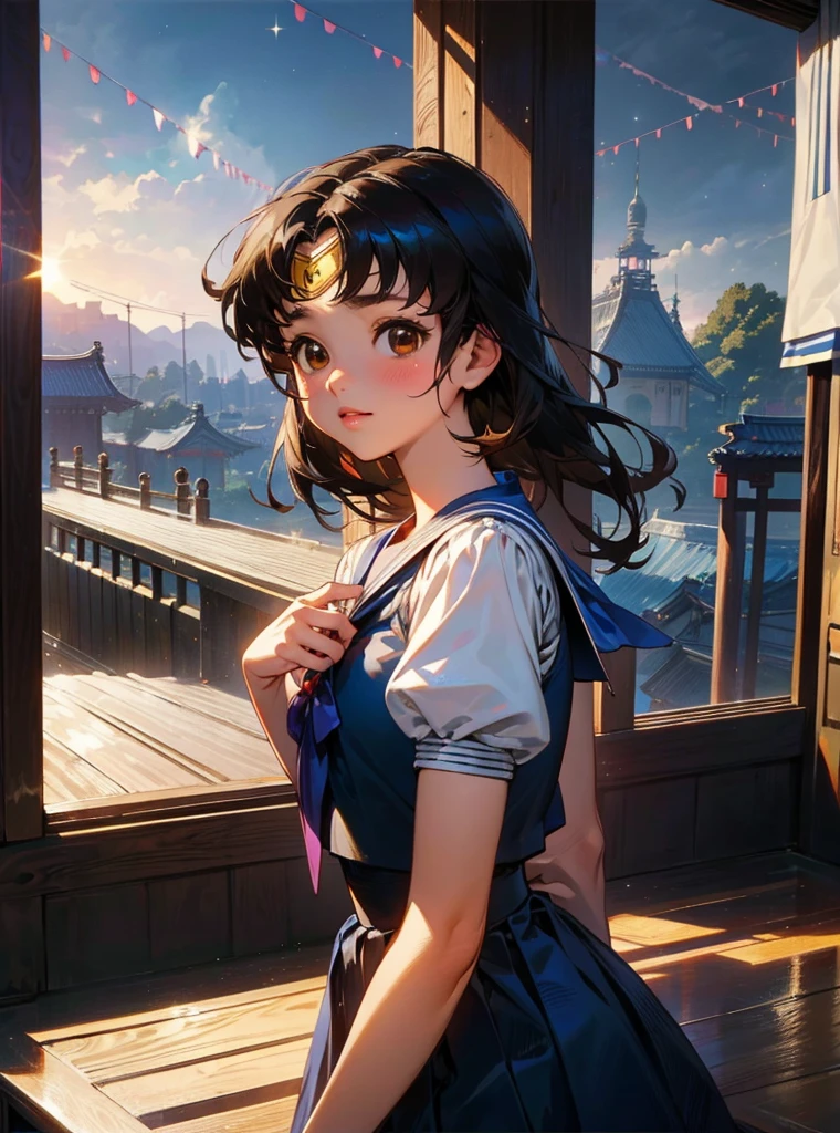 best quality, face focus, soft light, ultra high res, (photorealistic:1.4), RAW photo, 1japanese girl, solo, cute, (shy smile:0.5), (brown eyes, lights in the eyes), detailed beautiful face, (small chest),(high resolution detail of human skin texture), (short bob hair), BREAK, in classroom,navy school uniform, Vest, skirt long hair, Very long hair, 、Sailor Moon、Frills、race、ribbon、cute、Beauty、South Korea、Sparkle Effect, Castle、PRİNCESS、dress