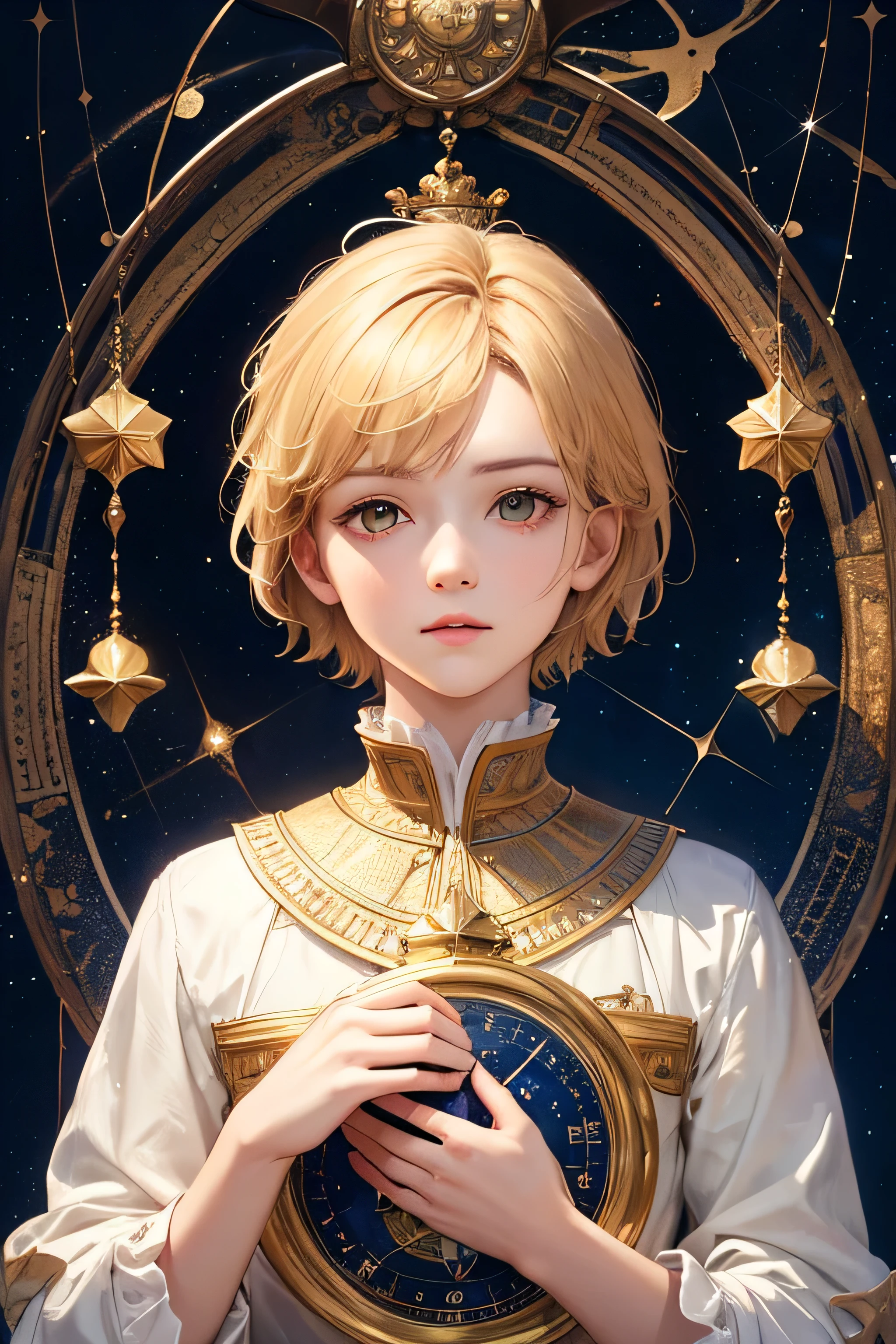 A small boy, Realistic, (Masterpiece, Top Quality, Best Quality, Official Art, Beautiful and Aesthetic: 1.2), Very Detailed, Fractal Art, Colorful, Most Detailed, Leo, (Abstract Background: 1.5), (1boy: 1.3), (Cat class), yellow hair, bright eyes, earnest, combed back, short hair, milky way, huge magical gold Leo astrolabe, dream, fantasy, gold trim,beautiful detailed sky, Style and Decoration for Leo, leo god, (nsfw:0.8), delicate refective and high glass guardrail board