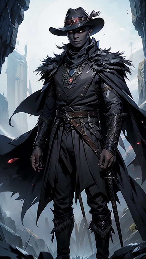 D&D art,(wide Shot) a striking and charismatic male drow with bald head, flat ears and bluish jet black skin in a cave. He is slim, muscular and handsome. His red eyes are sharp and alert, a magical jeweled eye-patch hides his left eye. in his hand carries a large, flat, wide-brimmed hat with a striking, colorful emu feather that shimmers in all colors., .His clothing is colorful and extravagant and consists of a striking vest and trousers. He wears magical knee-high boots, a magical belt with a storage bag and two daggers in it. . His entire appearance is impressive.--ar 9:16 , -- Chaos 100.