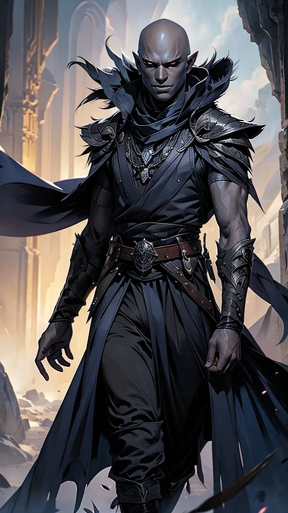 D&D art,(wide Shot) a striking and charismatic male drow with bald head, flat ears and bluish jet black skin in a cave. He is slim, muscular and handsome. His red eyes are sharp and alert, a magical jeweled eye-patch hides his left eye. in his hand carries a large, flat, wide-brimmed hat with a striking, colorful emu feather that shimmers in all colors., .His clothing is colorful and extravagant and consists of a striking vest and trousers. He wears magical knee-high boots, a magical belt with a storage bag and two daggers in it. . His entire appearance is impressive.--ar 9:16 , -- Chaos 100.
