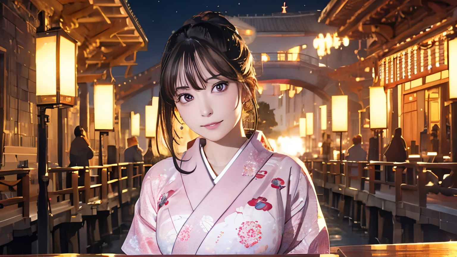 (Logo, masterpiece, 8K, table top, RAW photo, amazing, top quality, photorealistic and highly detailed CG composite 8K wallpaper, high quality, highly detailed, narrative poetry, particle effects, dynamic effects, depth of borders, cinematic light, lens flare, ray tracing), ( 1 beautiful woman in yukata, white yukata, light purple pattern), with black hair, high-resolution skin, very fine, fine-textured skin, beautiful face, real face, beautiful detail in eyes, real eyes, beautifully detailed eyes, real skin, beautiful skin, surreal, smiling eyes, Hair and Lights eyes, crisp, colourful lights and bokeh, plump lower lip, pink lips, Hair flutters in wind, hair bounces, great view, night, evening, wind, moon lights, moon lights, lights