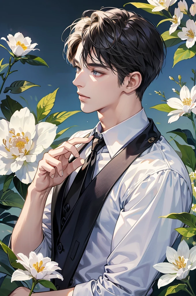 （high resolution, Ultra-detailed), 1 male, Adult, Very handsome,Delicate eyes and delicate face, Very handsome, Modern style clothing，Flowers blooming light and shadow dream