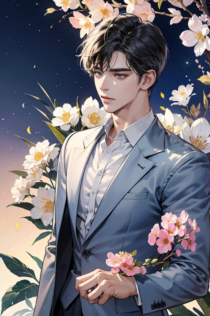 (high resolution, Ultra-detailed), 1 male, Adult, Very handsome,Delicate eyes and delicate face, Very handsome, Modern style clothing,Flowers blooming light and shadow dream