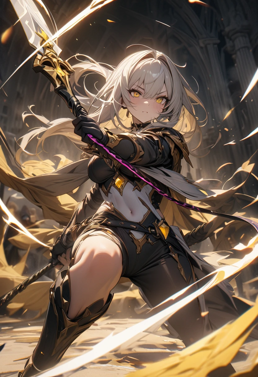 masterpiece, 8k, best quality, highly detailed, a human female wielding a whip made of white & yellow stone