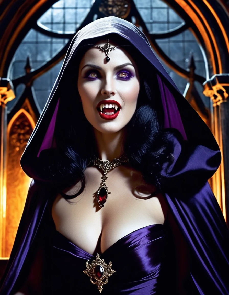 sfw, Gothic horror, A bewitching 35-year-old evil vampire, 1mature woman, solo, Countess, sexy MILF, evil femme fatale, stunning beauty, Brunette French Roll Hair, dark lips, fangs, A kind smile with fangs showing, Looking at us with a captivating gaze, Thin white shawl, harness, Purple satin lady's off-the-shoulder dress, Upper breast, pail skin, bust shot, from below, Straight-on, In a remote monastery in medieval Europe, beautiful female vampires appear every night, lifting their black cloaks to reveal their naked bodies from outside the barrier, and torment the devout monks who have been forced to live a life of celibacy for a long time, in an attempt to lure them out of the place protected by God., cinematic film still of Gorgons in Greek mythology Frank Frazetta painting of a gothic Female Vampire woman with a very big smile on her face and Vampire Fangs Teeth staring at camera with reflective blue eyes, Neck, collarbone, deep cleavage, huge breasts Licking fangs with tongue, masterpiece, incredibly absurd resolution, absolute resolution, super high resolution, shallow depth of field, vignette, highly detailed, high budget, bokeh, cinemascope, moody, epic, gorgeous, film grain, grainy