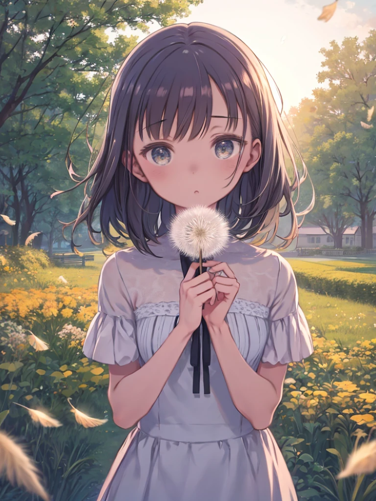 One Girl、Blowing dandelion seeds、Blow away the dandelion fluff、fluff of a dandelion、Upper Body、Autumn scenery、