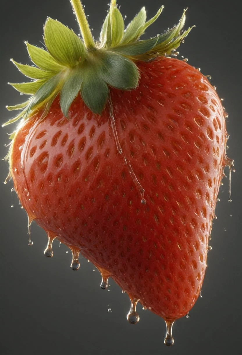 (mercury composed of one Colorful (translucent strawberry) :1.8)rising from a puddle of liquid mercury, one strawberry cut in half, we see the inside of the strawberry, extremely shiny, smooth surface texture, polished surface, reflective, 45 degrees angle from the front, tesselation ral-chrome, Photorealistic, Hyperrealistic, Hyperdetailed, analog style, detailed skin, matte skin, soft lighting, subsurface scattering, realistic, heavy shadow, masterpiece, best quality, ultra realistic, 8k, Intricate, High Detail, film photography, soft focus