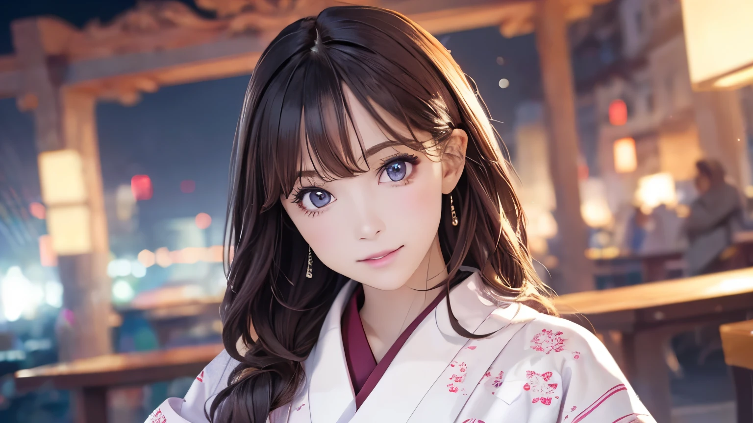 (Logo, masterpiece, 8K, table top, RAW photo, amazing, top quality, photorealistic and highly detailed CG composite 8K wallpaper, high quality, highly detailed, narrative poetry, particle effects, dynamic effects, depth of borders, cinematic light, lens flare, ray tracing), ( 1 beautiful woman in yukata, white yukata, light purple pattern), with black hair, high-resolution skin, very fine, fine-textured skin, beautiful face, real face, beautiful detail in eyes, real eyes, beautifully detailed eyes, real skin, beautiful skin, surreal, smiling eyes, Hair and Lights eyes, crisp, colourful lights and bokeh, plump lower lip, pink lips, Hair flutters in wind, hair bounces, great view, night, evening, wind, moon lights, moon lights, lights