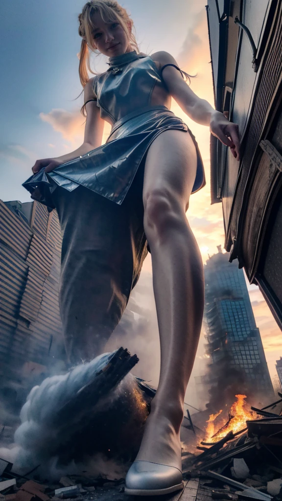 (Giantess elements, high resolution, high quality, accurate body structure, detailed body) Towering giant blonde girl, looking up at approaching woman from below, giantess attacking city, cute, women destroying small town, destroying small town, mischievous expression, Japanese, white skin, smiling, trampling buildings, rubble, burning small town, destroyed small building, collapsed highway, car being crushed, evacuation of residents, sunset, burning small town, please, walk, trampling, anatomically correct, accurate human body, accurate skeleton, full body portrait, blue eyes, rubble scattered at feet, taller than skyscrapers, big impact, amazing, giantess elements, drawing women big, increasing destructive elements, making city smaller, rampaging,