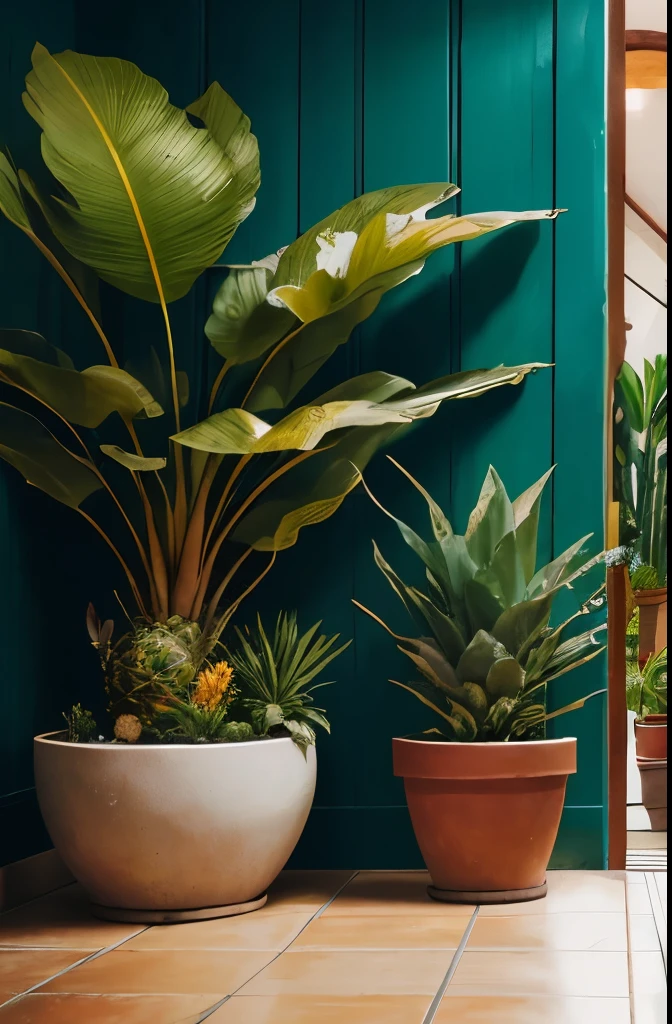 there are two potted plants that are sitting in a pot, bromeliads, flowering pineapples, colorful tropical plants, beautiful plants, ❤🔥🍄🌪, tropical flower plants, large exotic flowers, blooming tropical flowers, blue and yellow fauna, tropical houseplants, cactus and flowers, flowering pineapples and orchids, huge flame fantasy plant, tropical flowers