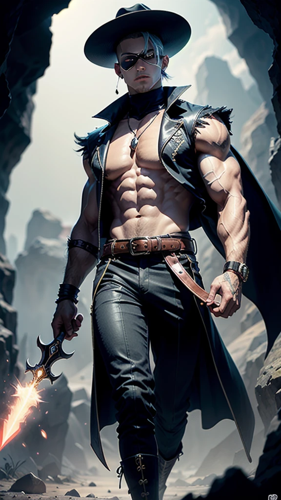 (wide Shot) a striking and charismatic male drow with bald head, flat ears and bluish jet black skin in a cave. He is slim, muscular and handsome. His red eyes are sharp and alert, a magical jeweled eye-patch hides his left eye. in his hand carries a large, flat, wide-brimmed hat with a striking, colorful emu feather that shimmers in all colors., .His clothing is colorful and extravagant and consists of a striking vest and trousers. He wears magical knee-high boots, a magical belt with a storage bag and two daggers in it. . His entire appearance is impressive.--ar 9:16 , -- Chaos 100.