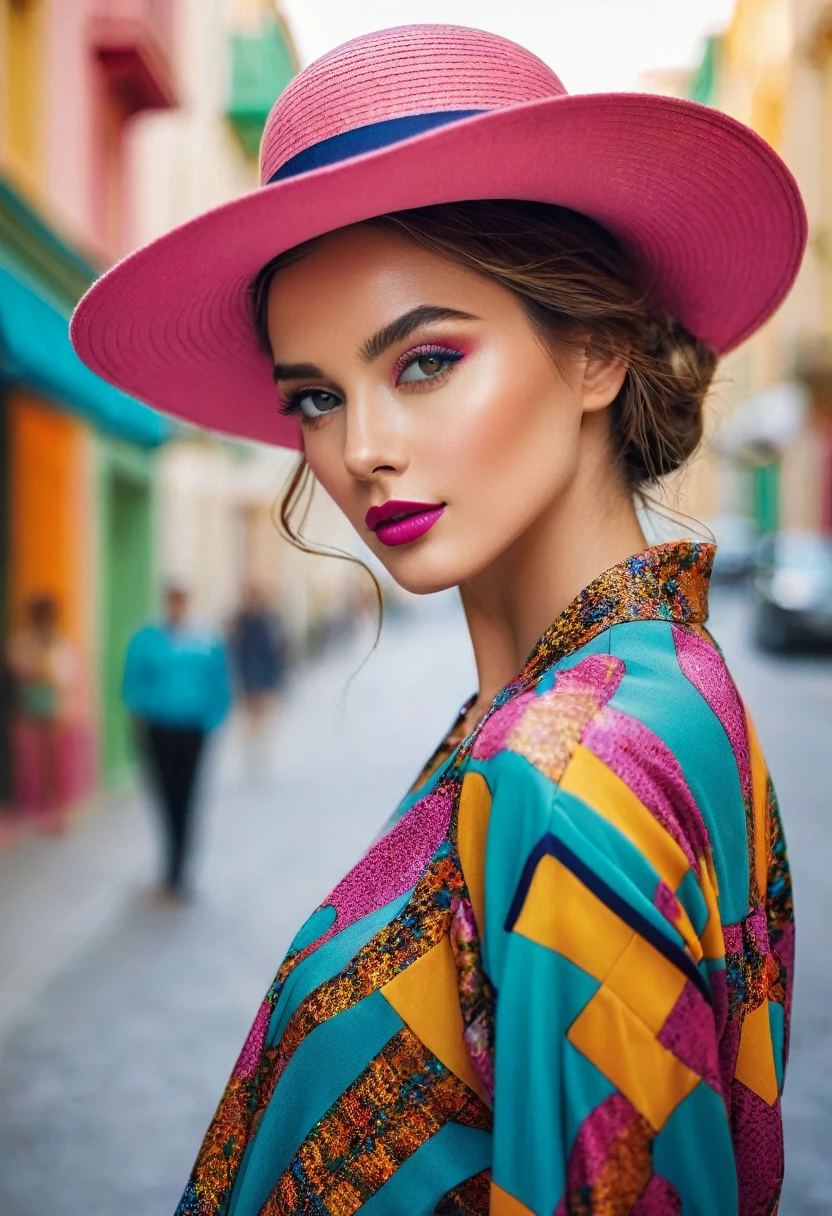 A stunning portrait of a young lady in a fashionable outfit that captivates the attention of all the boys around her. The unique vantage point of the photograph exposes her beauty from a low angle, emphasizing her elegance and poise. She is dressed in a vibrant and stylish ensemble, with a trendy hat adorning her head. The background is a tasteful blur of colors and shapes, creating a dreamy and captivating atmosphere. This image is a true representation of fashion, portrait photography, and the epitome of modern feminine charm.