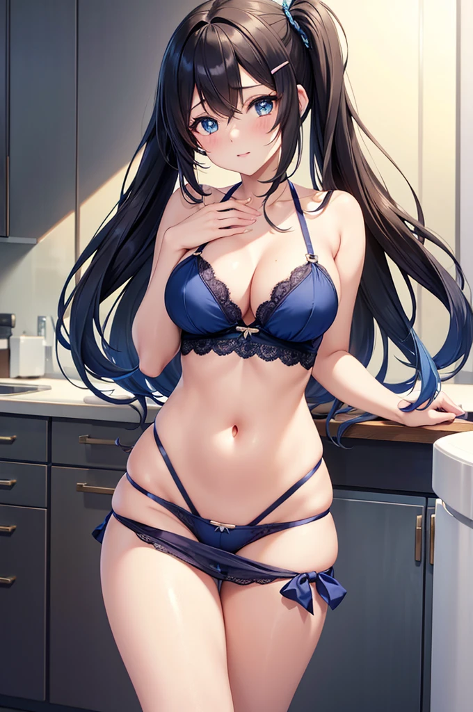 Anime girl in blue lingerie in the kitchen with sink and counter, ((masterpiece)), ((Best Quality)), 8K, detaileds, Ultra-detailed, Detailed and Intricicated, a girl in, big rounds breasts, in one's underwear only, navy blue lingerie, Staring at me shyly, dark brown hair, swept bangs, gradient bangs with blue tips, long hair, side ponytail, wavy hair, shiny hair, hairclip, aqua eyes, (gradient eyes:1.3), glowing eyes, pupils sparkling, blush, bright pupils, glossy lips, cute face, slim waist, shapely legs, beautiful thighs, whole body, anime CG style, high definition, natural light, high detail, anime, dithering, image fill, perspective, Wide-Angle, f/1.8, 85mm, Sony FE GM, 8k, 8k wallpaper, super detail, highly detailed CG, UHD, retina, masterpiece, accurate, anatomically correct, textured skin, highres, best quality:1.3, 16k
