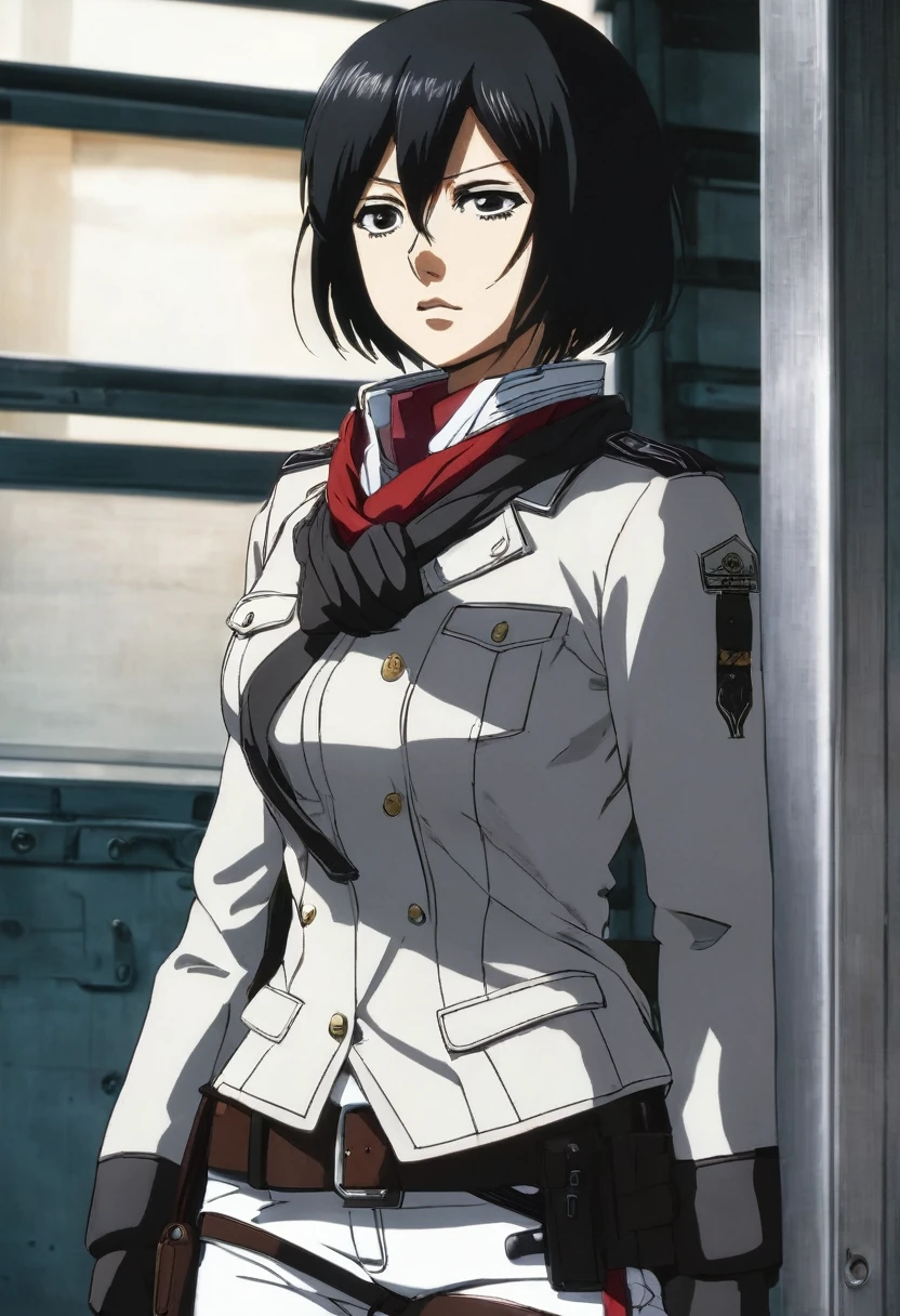 A close-up shot of Mikasa Ackerman standing with her back facing the viewer. She's wearing a paradis military uniform with a red scarf tied around her neck, and a thigh strap on her leg. Her short black hair is styled between her eyes, framing her closed-off expression. A pair of white pants cover her lower half, and a black jacket hangs open to reveal a gun belt at her hip. The lighting is dim, casting shadows on her face, emphasizing the intensity in her black eyes and pursed lips. From behind, the viewer sees the window frame, adding depth to the composition. The overall mood is one of caution, with Mikasa's gaze still fixed on something or someone outside the shot.