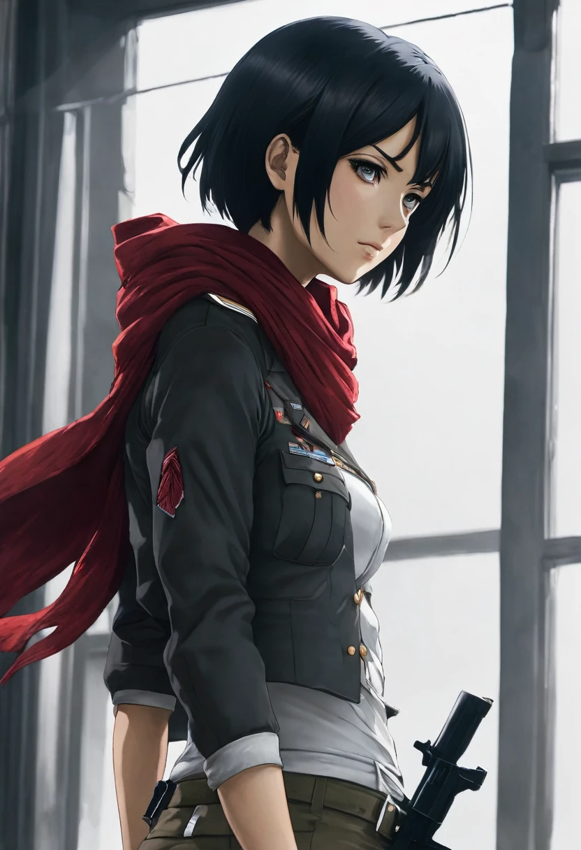 A close-up shot of Mikasa Ackerman standing with her back facing the viewer. She's wearing a paradis military uniform with a red scarf tied around her neck, and a thigh strap on her leg. Her short black hair is styled between her eyes, framing her closed-off expression. A pair of white pants cover her lower half, and a black jacket hangs open to reveal a gun belt at her hip. The lighting is dim, casting shadows on her face, emphasizing the intensity in her black eyes and pursed lips. From behind, the viewer sees the window frame, adding depth to the composition. The overall mood is one of caution, with Mikasa's gaze still fixed on something or someone outside the shot.