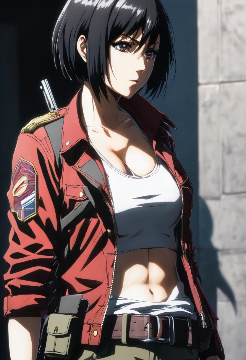 A close-up shot of Mikasa Ackerman standing with her back facing the viewer. She's wearing a paradis military uniform with a red scarf tied around her neck, and a thigh strap on her leg. Her short black hair is styled between her eyes, framing her closed-off expression. A pair of white pants cover her lower half, and a black jacket hangs open to reveal a gun belt at her hip. The lighting is dim, casting shadows on her face, emphasizing the intensity in her black eyes and pursed lips. From behind, the viewer sees the window frame, adding depth to the composition. The overall mood is one of caution, with Mikasa's gaze still fixed on something or someone outside the shot.