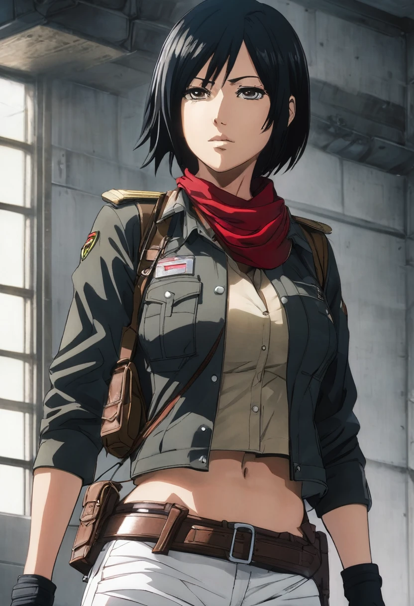 A close-up shot of Mikasa Ackerman standing with her back facing the viewer. She's wearing a paradis military uniform with a red scarf tied around her neck, and a thigh strap on her leg. Her short black hair is styled between her eyes, framing her closed-off expression. A pair of white pants cover her lower half, and a black jacket hangs open to reveal a gun belt at her hip. The lighting is dim, casting shadows on her face, emphasizing the intensity in her black eyes and pursed lips. From behind, the viewer sees the window frame, adding depth to the composition. The overall mood is one of caution, with Mikasa's gaze still fixed on something or someone outside the shot.