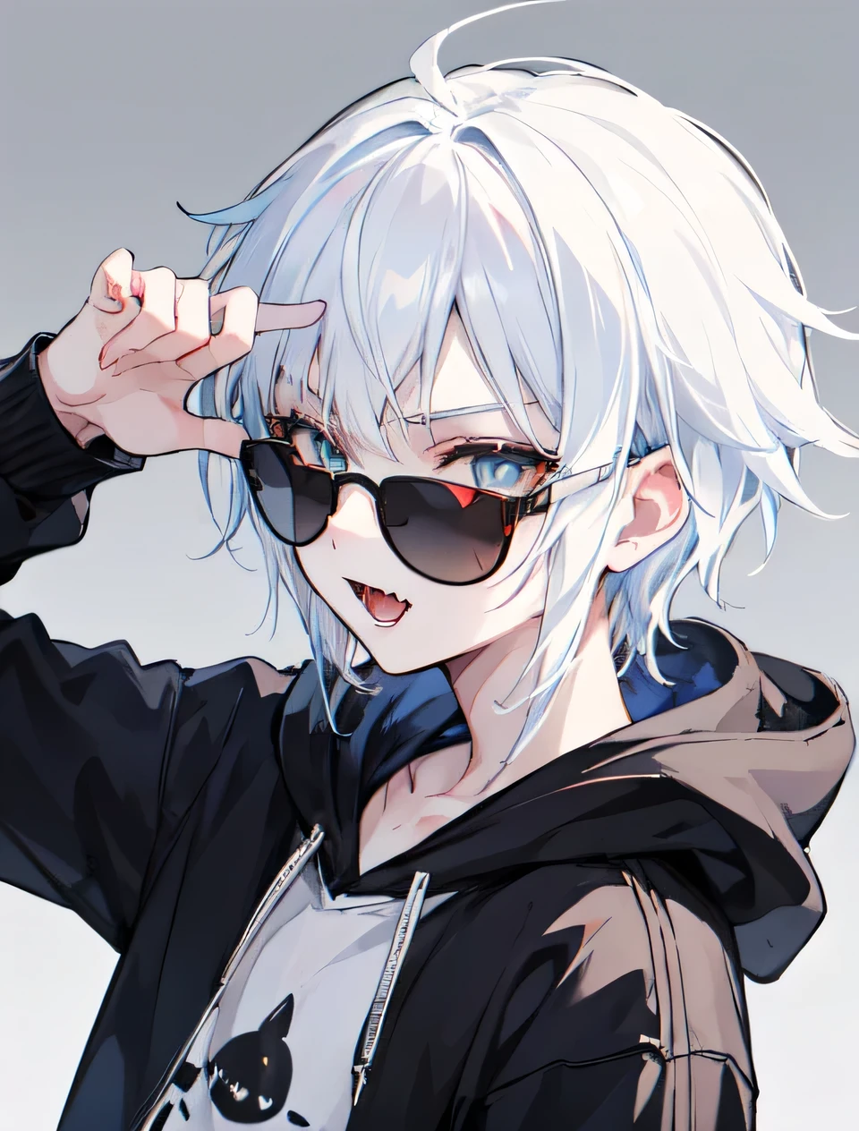 1Boy, Boyish, Catboy, Fangs Showing, Ultra-detailed Ice-colored Dragon Eyes, Eye-focus, Snow-White Hair, Head Shot, Cute Expression, Tight Hoodie, sunglasses, holding gun, handgun, Plain Background