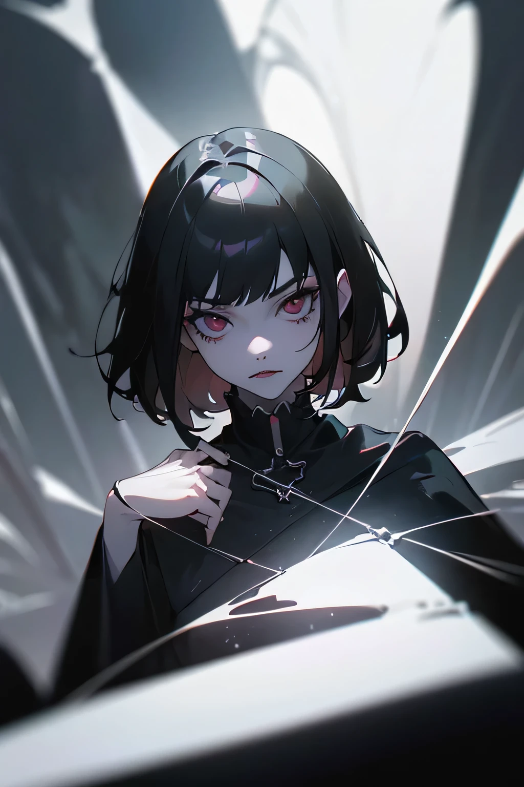 (high quality: 1.3), Movie Lenses, masterpiece, (Clear focus: 1.5), (Reality: 1.3), Medium Portrait (A young beautiful vampire woman, Pale skin, Gothic, Still proud and fierce, Short black hair, Dark appearance, Wearing a very fine dark tunic, Dark atmosphere, Instead, it uses sharp contrasts of light and dark to create shapes.), It's night, (Highly refined skin), (Delicate face), Detailed background, Dark Lights, Dusk lighting, Volumetric Lighting, Intricate details, Ultra HD,