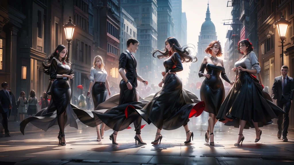 A woman with black hair is walking down the street, wearing a red dress. The scene captures her in motion, highlighting the flow of her dress and the elegance of her stride. The urban backdrop features buildings, streetlights, and a bustling atmosphere, adding depth and context to her walk.
