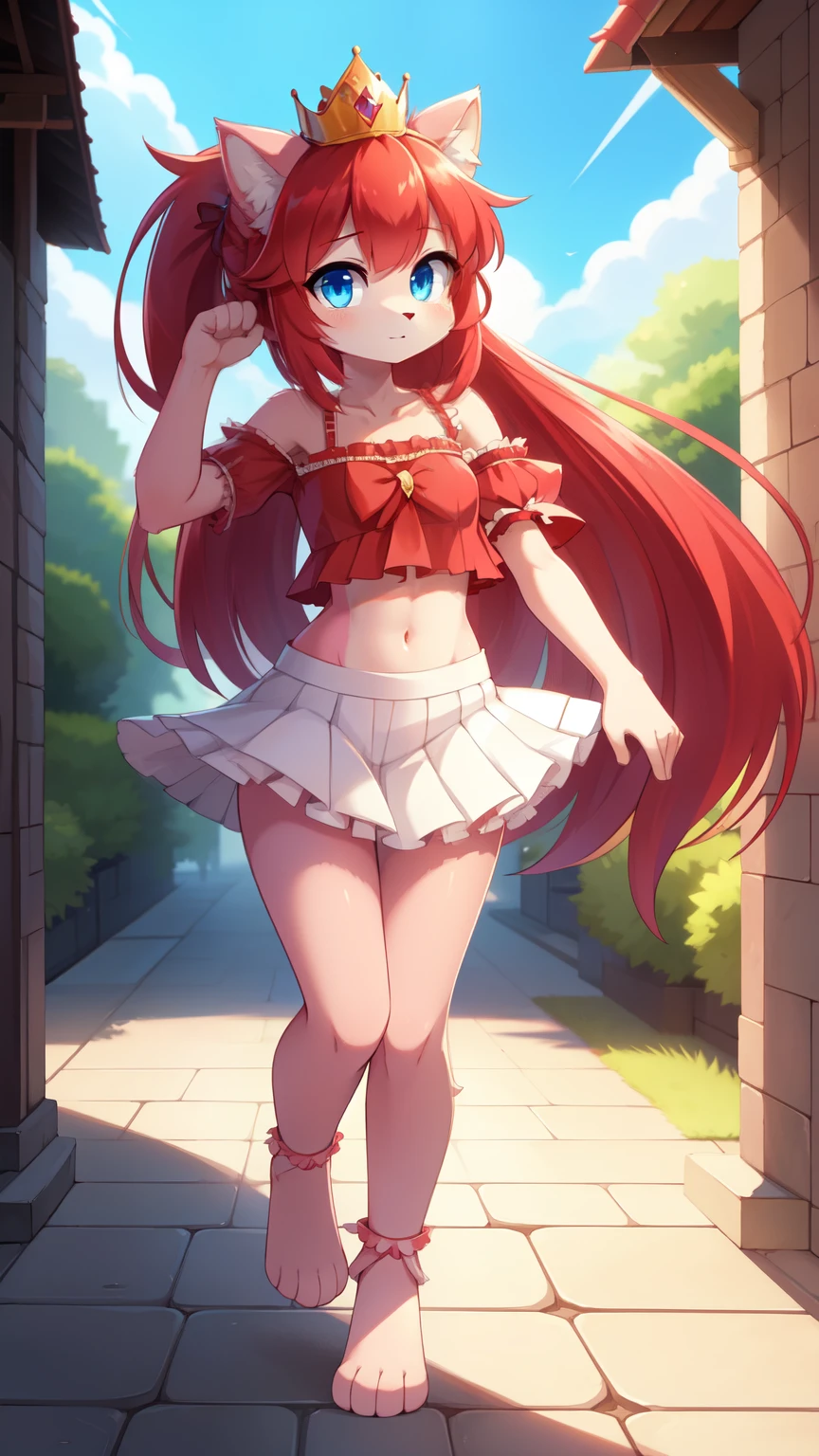furry girl, cat, red hair, Knight bangs hairstyle, long huge ponytail, long side hair, anime style, medium breasts, blue eyes, ((red ruffled frilly shirt, two shoulders, midriff, white short skirt, princess crown)), high quality, detailed body, detailed eyes, detailed face, masterpiece, glistening body, detailed body fur, best quality, two tone body, pink fur, clear pink fur, perfect lighting, perfect shadows, perfect eyes, perfect hair, perfect face, gorgeous body, skinny, solo, :3, standing, fantasy city, clear sky, skinny, looking at viewer, full body, feets with three toes, 3 toes, score_9,score_8_up,score_7_up, source_cartoon, source_furry, glowing blue eyes, motion blur, 