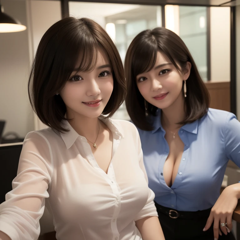 ((masterpiece))、((Highest quality))、photograph、reality、High resolution、Advanced Depth of Field、Very detailed、Realistic lighting、Married women、10th generation、Delicate facial features、Short Bob、Disheveled Hair、Realistic background and accessories、Big breasts、Sexy smile、Captivating Gaze、Office at night、See-through shirt、It's dark inside、From above、Bust Shot、bra、(nsfw:1.5)、