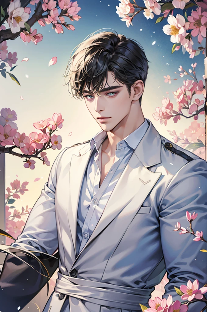 （high resolution, Ultra-detailed), 1 male, Adult, Very handsome,Delicate eyes and delicate face, Very handsome, Modern style clothing，Flowers blooming light and shadow dream