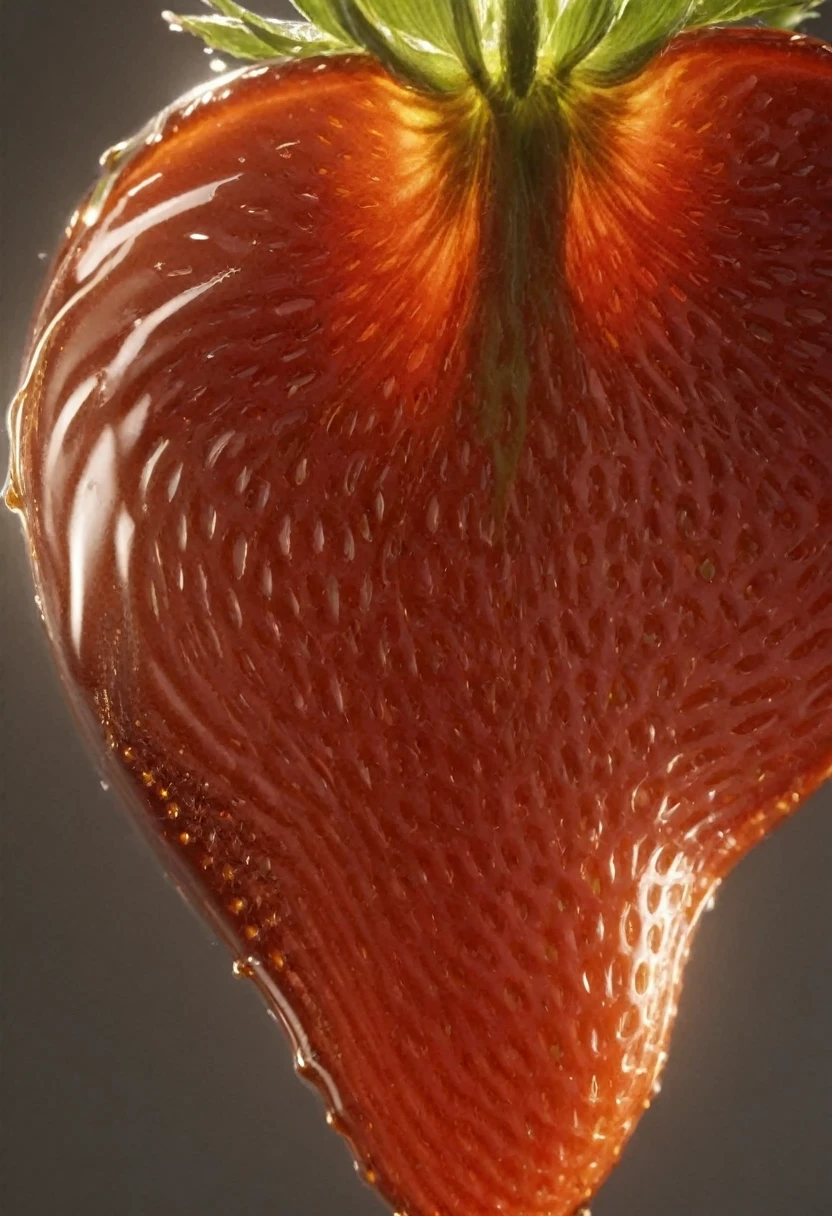 (mercury composed of one (translucent candied strawberry) :1.8)rising from a puddle of liquid mercury, the strawberry is cut in half, we see the inside of the strawberry, extremely shiny, smooth surface texture, polished surface, reflective, 45 degrees angle from the front, tesselation ral-chrome, Photorealistic, Hyperrealistic, Hyperdetailed, analog style, detailed skin, matte skin, soft lighting, subsurface scattering, realistic, heavy shadow, masterpiece, best quality, ultra realistic, 8k, Intricate, High Detail, film photography, soft focus