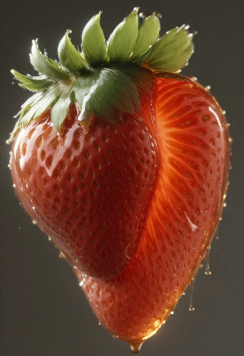 (mercury composed of one (translucent candied strawberry) :1.8)rising from a puddle of liquid mercury, the strawberry is cut in half, we see the inside of the strawberry, extremely shiny, smooth surface texture, polished surface, reflective, 45 degrees angle from the front, tesselation ral-chrome, Photorealistic, Hyperrealistic, Hyperdetailed, analog style, detailed skin, matte skin, soft lighting, subsurface scattering, realistic, heavy shadow, masterpiece, best quality, ultra realistic, 8k, Intricate, High Detail, film photography, soft focus