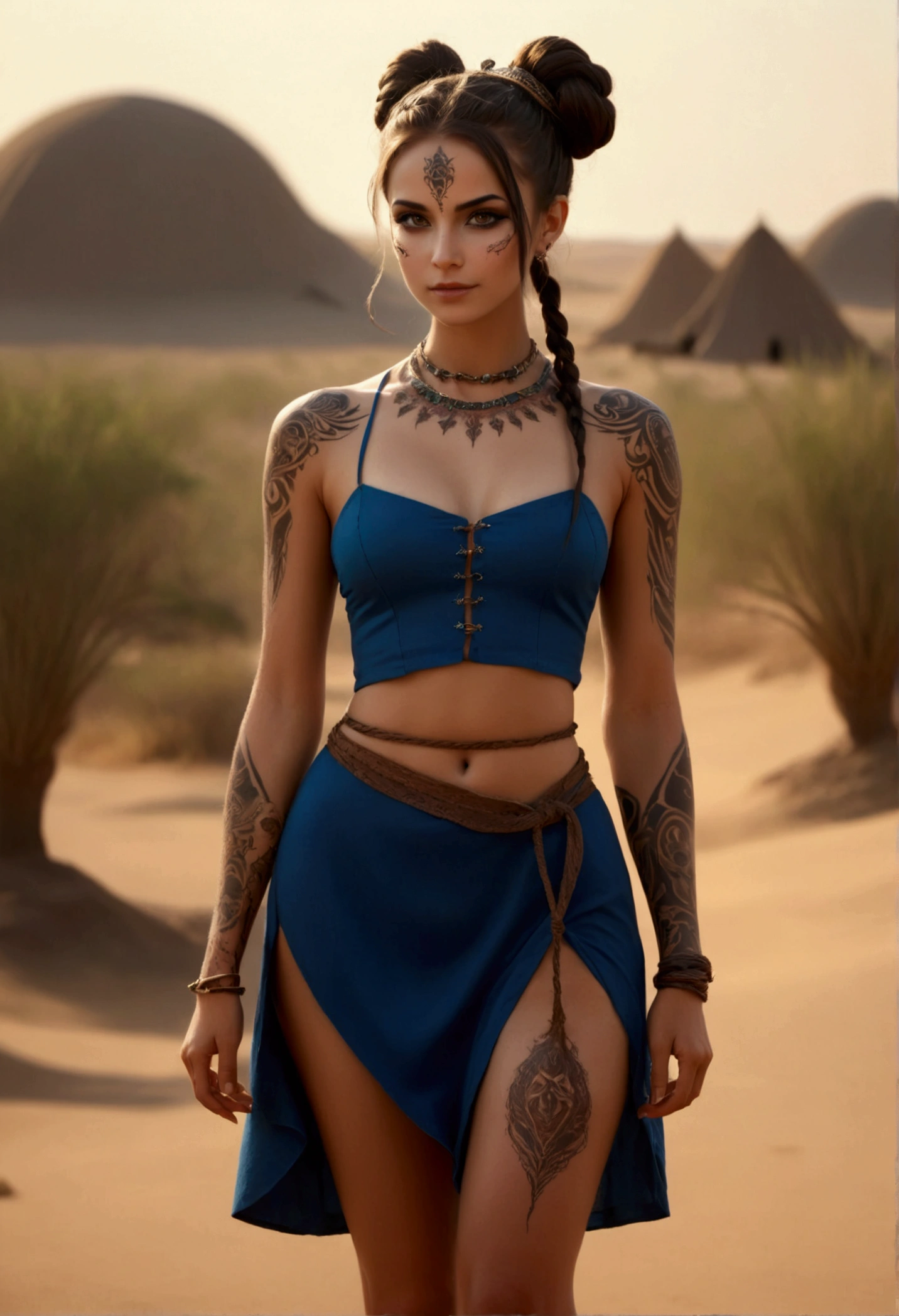 (masterpiece, Highest quality, Highest quality, Official Art, beautifully、aesthetic:1.2), (One girl:1.3), Dark brown hair tied back, , Very detailed, Portraiture, View Viewer, alone, (whole body:0.6), detailed background, close, Face Paint, Tribal Tattoos, (Warm Summer Desert theme:1.1),Queen, Elegant face, Long face, Charlatan, Grin, Mysterious, Walking in the Savannah, Blue Dress, Muscular, strong, Slim waist, Slim Hips, Long legs, Muscular legs, Medieval (Savanna Exterior:1.1) background, dark Mysterious lighting, Shadow, Magical atmosphere, Dutch Angle,