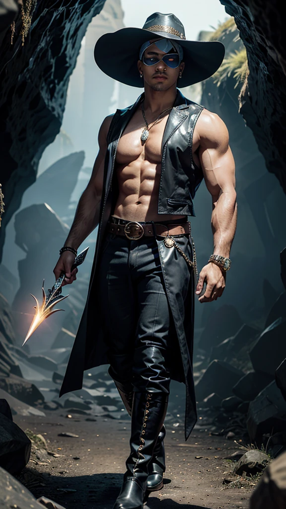 (wide Shot) a striking and charismatic male drow with bald head, flat ears and bluish jet black skin in a cave. He is slim, muscular and handsome. His red eyes are sharp and alert, a magical jeweled eye-patch hides his left eye. in his hand carries a large, flat, wide-brimmed hat with a striking, colorful emu feather that shimmers in all colors., .His clothing is colorful and extravagant and consists of a striking vest and trousers. He wears magical knee-high boots, a magical belt with a storage bag and two daggers in it. . His entire appearance is impressive.--ar 9:16 , -- Chaos 100.