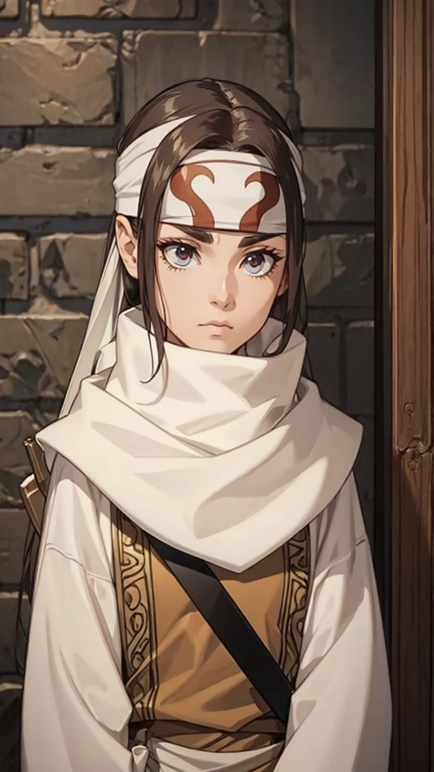 A woman with long hair, wearing a cowl and a headband on her forehead, standing in a small room, guarding and protecting the area, watching intently, with a sword on her back, detailed art work