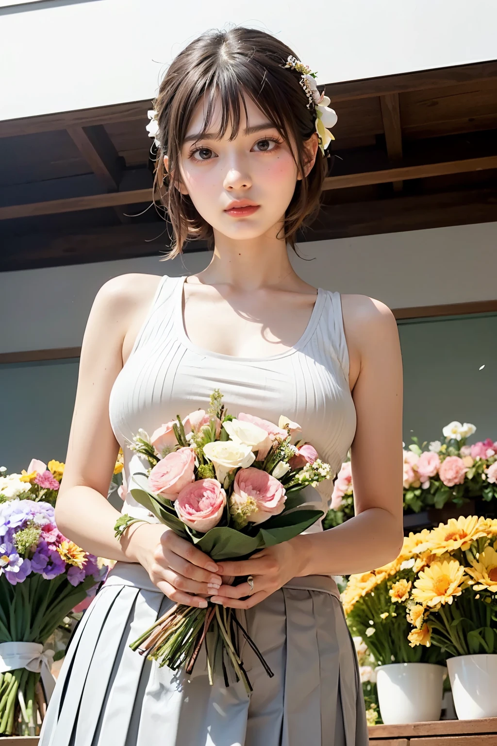 Masterpiece, bokeh, (Beautiful face), (Detailed face), (Japanese idle), (Tanktop:1.3), (Pleated skirt:1.3), (Blushed face:1.3), (Plump breast:1.2), (Holding flower bouquet in flower shop:1.5), (From below:1.5),