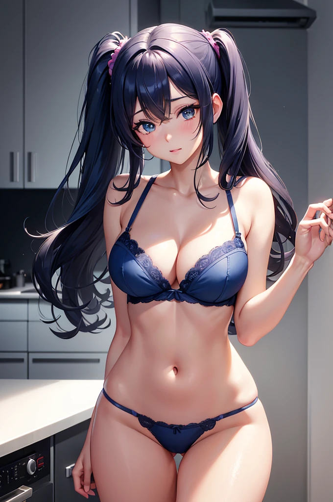 Anime girl in blue lingerie in the kitchen with sink and counter, ((masterpiece)), ((Best Quality)), 8K, detaileds, Ultra-detailed, Detailed and Intricicated, a girl in, big rounds breasts, in one's underwear only, navy blue lingerie, Staring at me shyly, dark brown hair, swept bangs, gradient bangs with blue tips, long hair, side ponytail, wavy hair, shiny hair, hairclip, aqua eyes, (gradient eyes:1.3), glowing eyes, pupils sparkling, blush, bright pupils, glossy lips, cute face, slim waist, shapely legs, beautiful thighs, whole body, anime CG style, high definition, natural light, high detail, anime, dithering, image fill, perspective, Wide-Angle, f/1.8, 85mm, Sony FE GM, 8k, 8k wallpaper, super detail, highly detailed CG, UHD, retina, masterpiece, accurate, anatomically correct, textured skin, highres, best quality:1.3, 16k