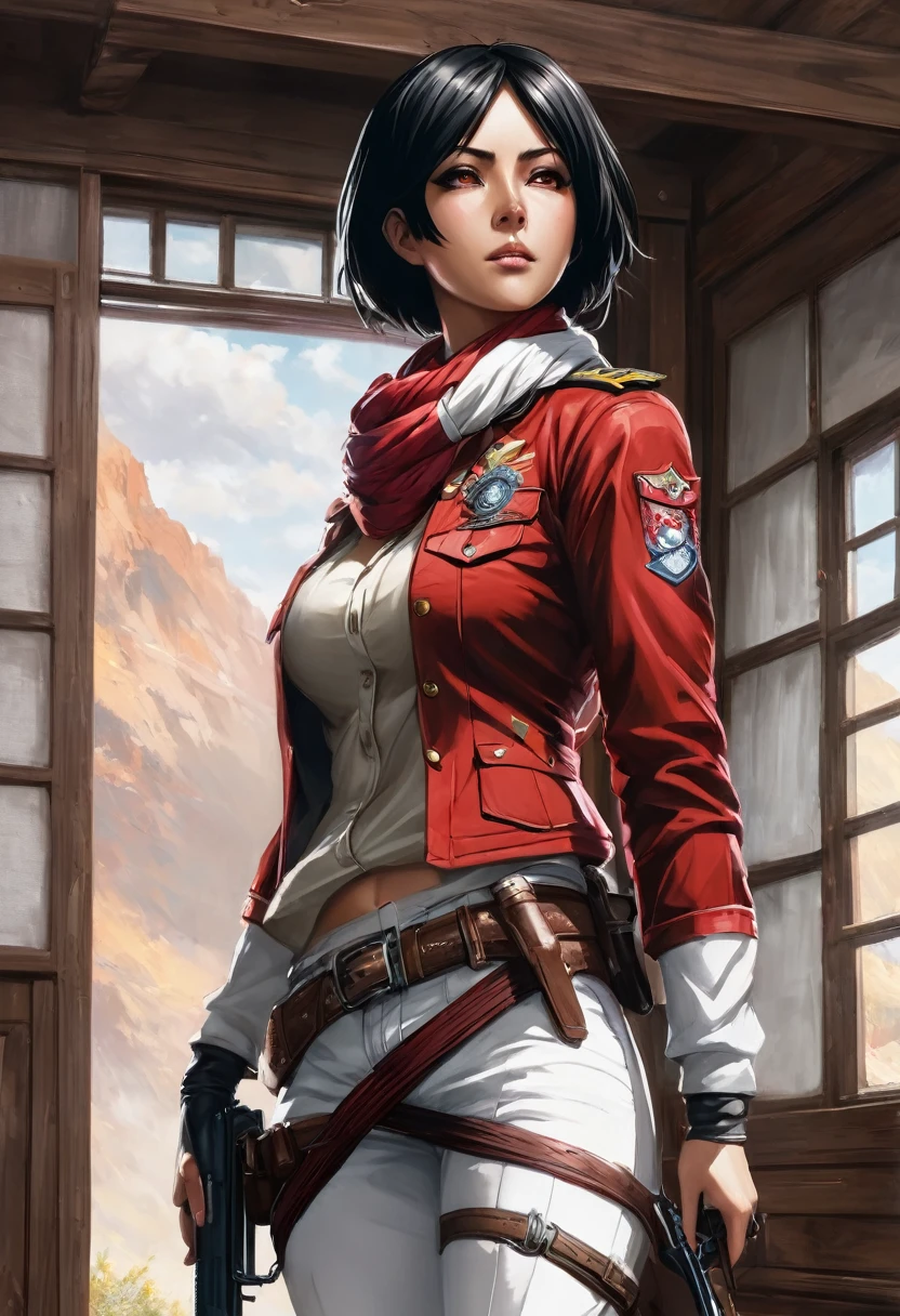 Woman ,solo, looking at viewer, short hair, black hair, long sleeves, hair between eyes, closed mouth, standing, jacket, weapon, ass, cowboy shot, belt, looking back, pants, indoors, from behind, scarf, black eyes, lips, window, thigh strap, red scarf, realistic, white pants, nose, emblem, paradis military uniform, pantylines, mikasa ackerman