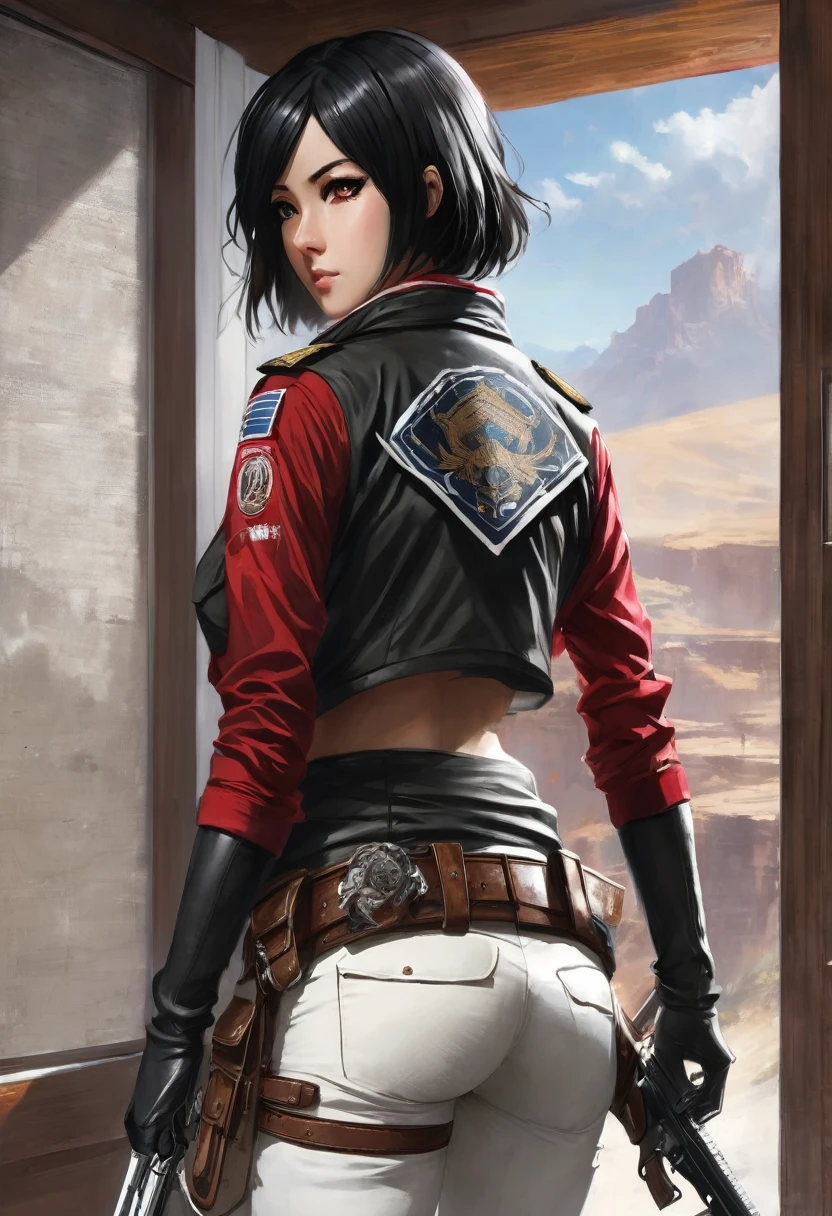 Woman ,solo, looking at viewer, short hair, black hair, long sleeves, hair between eyes, closed mouth, standing, jacket, weapon, ass, cowboy shot, belt, looking back, pants, indoors, from behind, scarf, black eyes, lips, window, thigh strap, red scarf, realistic, white pants, nose, emblem, paradis military uniform, pantylines, mikasa ackerman