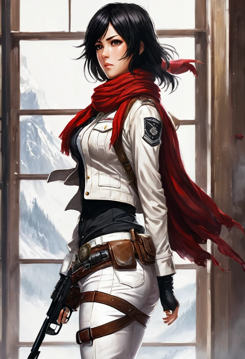 Woman ,solo, looking at viewer, short hair, black hair, long sleeves, hair between eyes, closed mouth, standing, jacket, weapon, ass, cowboy shot, belt, looking back, pants, indoors, from behind, scarf, black eyes, lips, window, thigh strap, red scarf, realistic, white pants, nose, emblem, paradis military uniform, pantylines, mikasa ackerman