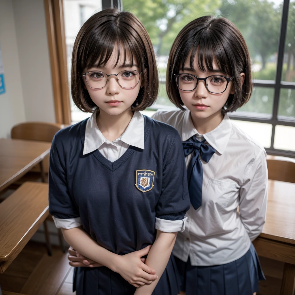 A girl in a school uniform, muslon, Chino, with short hair and fringe, with glasses, Lovely 