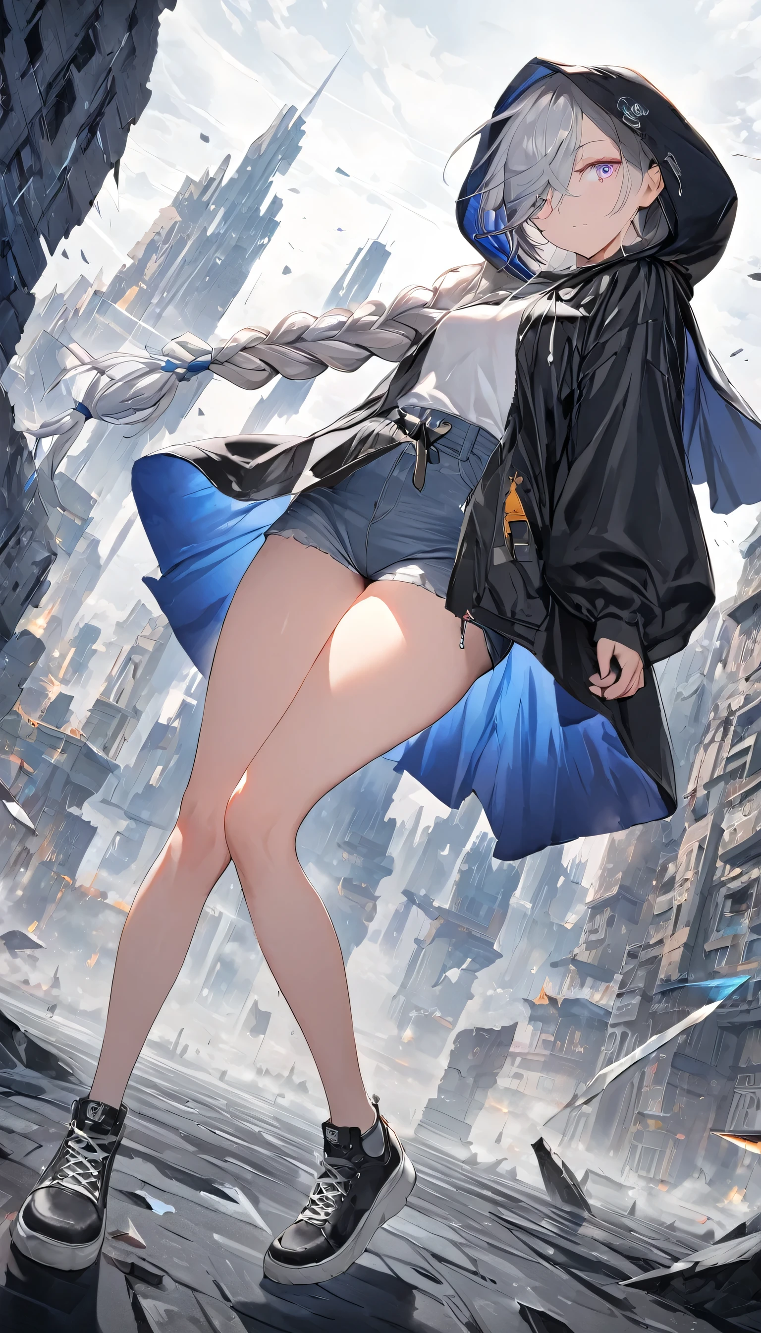 Top-quality,Masterpiece,Best quality,Ultra detailed,High resolution,8k,Super fine illustration,Detailed lighting,Detile background,Cowboy shot,Dutch angle,Denoise,
Cinematic,Dynamic angle,Full body,
Impasto,(Prism style:1.3),(Broken world:1.3),Broken glass effect,Broken glass background,
1girl,Solo,(:1.3),
(Hood up:1.3),(Black raincoat:1.5),(Big hood:1.3),(White shirt:1.2),(Jeans:1.3),(Black sneakers:1.3),
(Gray eyes),(Glass eyes:1.3),(Gauze on face:1.3),
(Gray hair:1.3),(Long hair),(Long braided pigtail:1.3),(Sideburns:1.3),(Long sideburns:1.5),(Hair over one eye:1.3),
(Flat chests),(Beautiful ass),(Thick thighs),(Wide hips:1.3),(Skinny waist:1.3),(Curvy:1.3),
Half opened eyes,Expressionless,Looking at viewer,
(Glass),Wearing Glass,Futuristic City,Light blue theme,Backlight,Warm tones,Tranquil