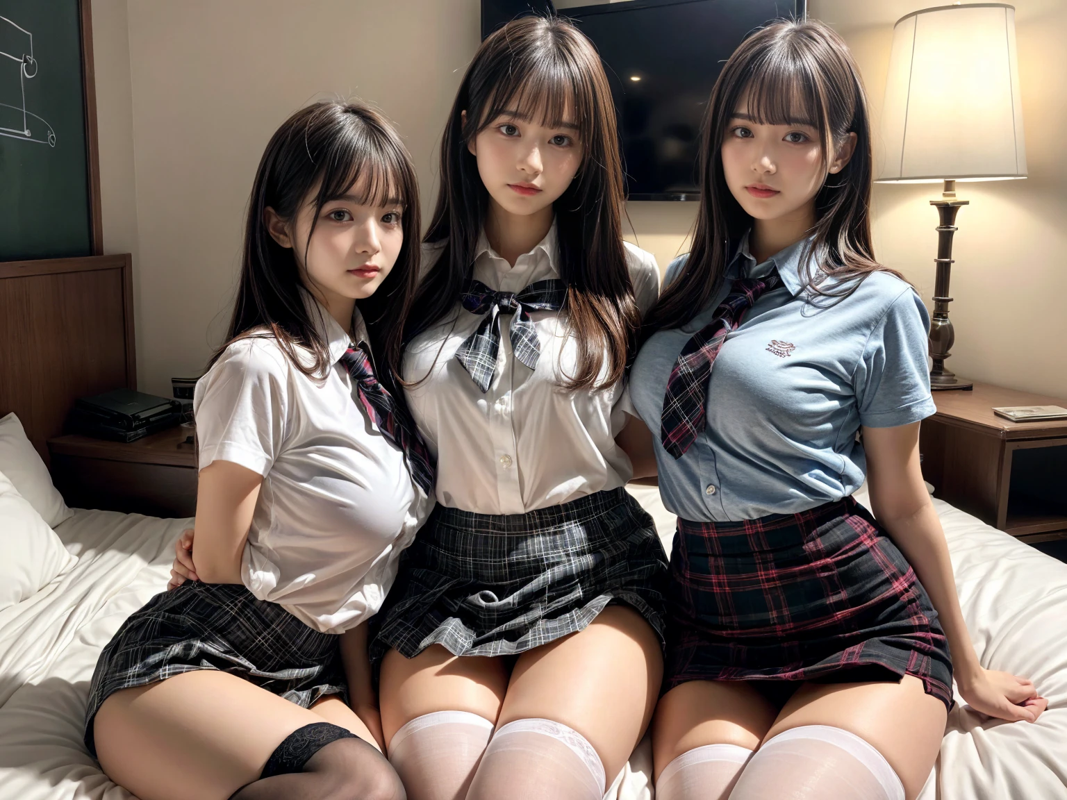 masterpiece, best quality, illustration, Super detailed, fine details, High resolution, 8K,wall paper, perfect dynamic composition,(Details High quality, realistic depiction of eyes:1.3), (3 girls), (white school shirt :1.2), (plaid skirt :1.3), tie black, black thigh-high stockings, sitting, open legs, short bob hair, in a hotel room in the background, deep on field, large breasts, black hair color, Big Natural Color Lip, (perfect body shape), crying a little、Harajuku style、20 year old girl、cute type、beautiful legs, Gravure Idol