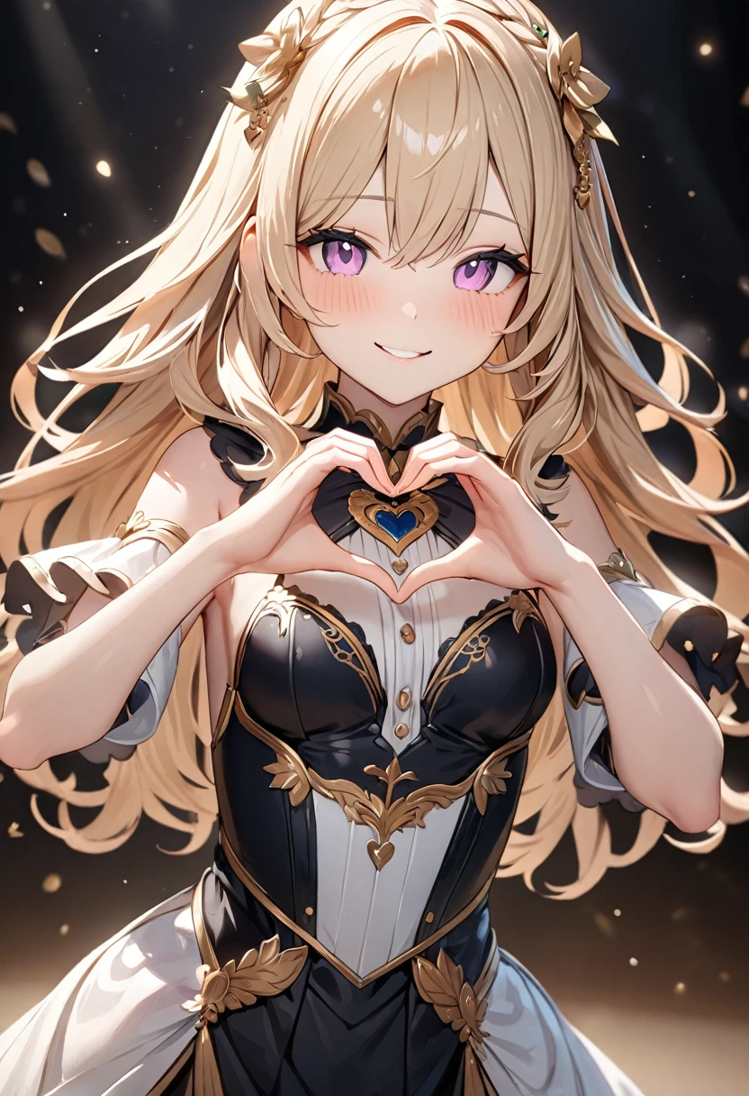 1girl、(((best quality)), ((masterpiece)), (details), masterpiece, best quality, high quality, ulutra detailed, perfect face, ((1girl, blond eyes, tiger ears: 1.3 blond long hair: 2.5,Mole under left eye:2.0))、Shiny Hair、Glowing Skin、Lustful look、smile、Making a heart symbol with hands、