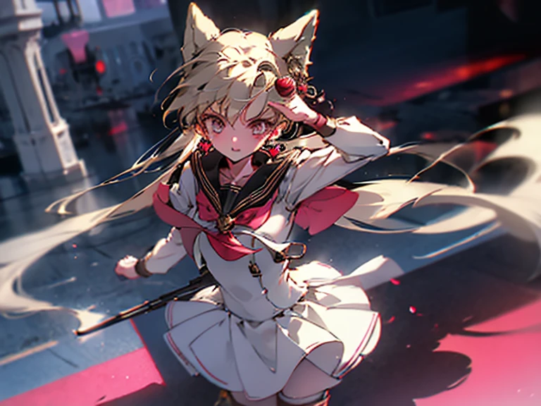 One girl, Falter, Long eyelashes, fake fox ears, A light smile, Soft redness of the ears, Heart Hairpin, Crazy Eyes, shy, Surrealism, Silver Bob, Brown Skin, Cast a Shadow, Anaglyph, Stereogram, tachi-e, throw, Atmospheric perspective, 8k, Super Detail, Highest quality, White patent leather boots, Rubber sailor suit, pirate hat, Black Stockings, information