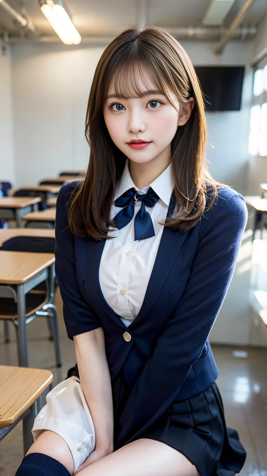 (Masterpiece, Masterpiece, 8k), One beautiful woman, Long blonde hair, blue eyes, A blue ribbon in her hair, High School Outfit, Black blazer, Black Skirt, Blue tie, Big Breasts, Thighs, Wearing navy blue socks, In the classroom, Serious expression, High resolution, Blur the background, Smile, Medium Bust