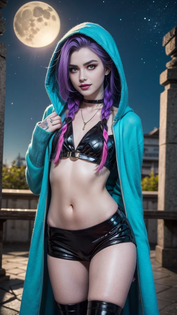 ((best qualityer)), ((highy detailed)), work of art, , (1 girl), (standing alone), dynamic pose, cowboy shot, (((very wide shot))), Jinx \(League of Legends\), hair blue, ((pretty long hair)), twin braids, pink eyes, tattoo's, breasts small, ssmile, ((hooded cloak, long sleeves)), gym shorts, (out, in a temple, natta, night sky, stele, fullmoon, Hurricane)